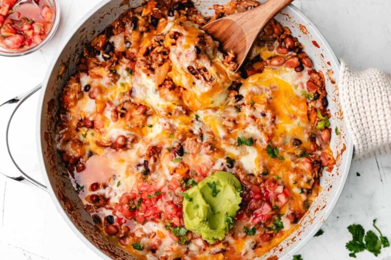 Overhead image of Mexican beef and rice skillet.