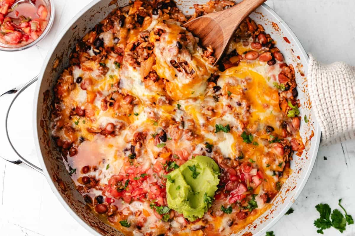 Overhead image of Mexican beef and rice skillet.