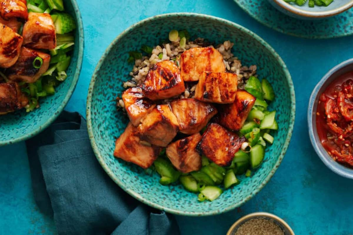 Overhead image of miso salmon bowls.