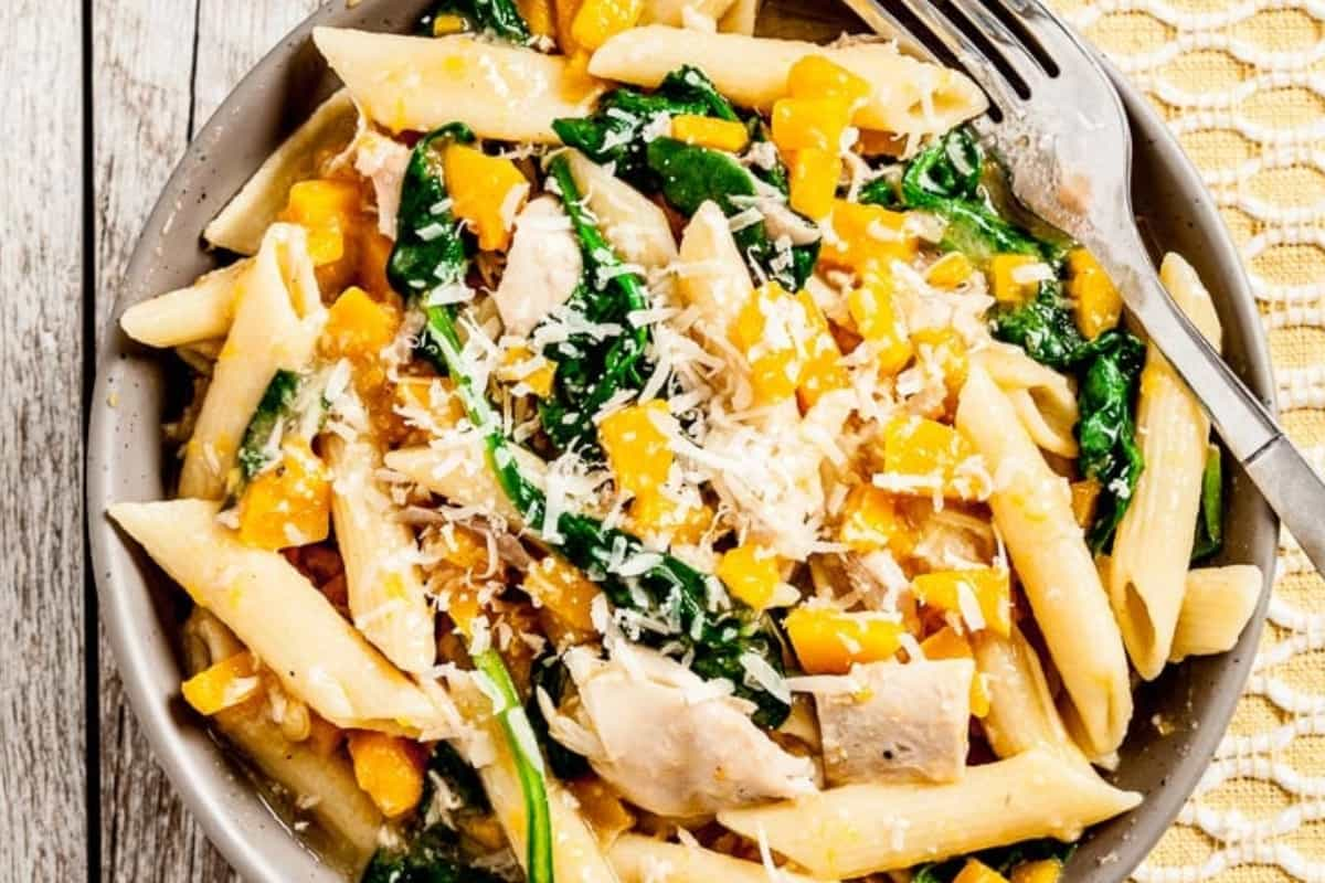 A dish of one-pan squash penne.