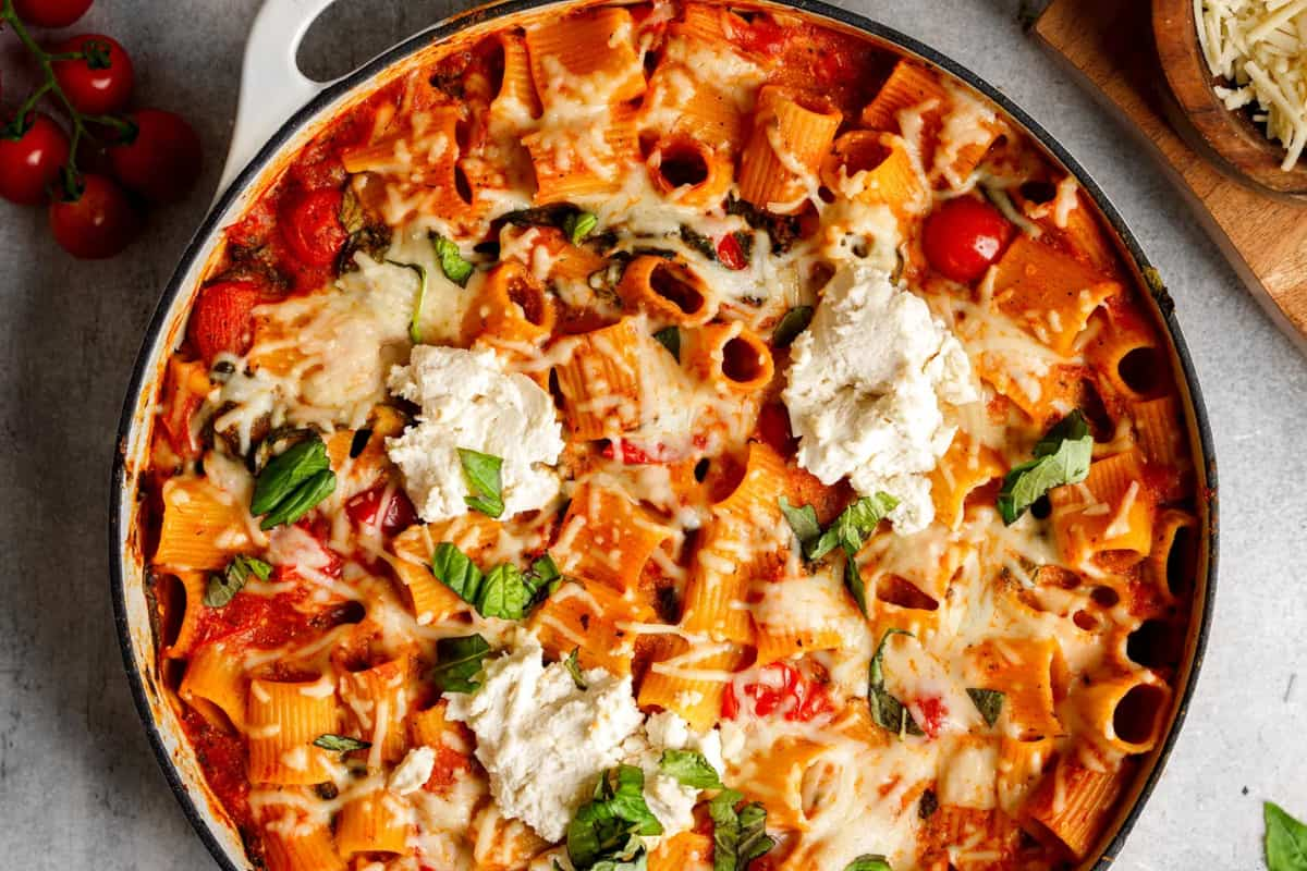 Overhead image of one-pot vegan pasta bake.