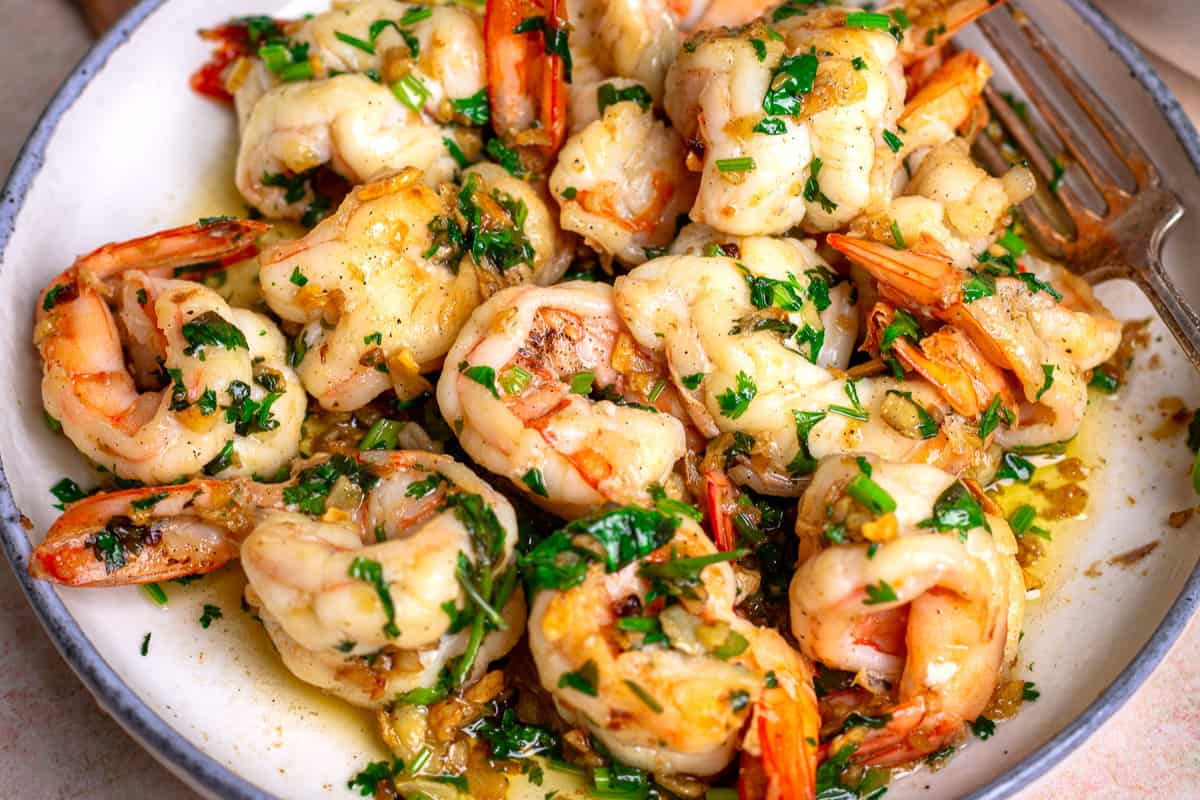 A plate of pan-fried shrimp.