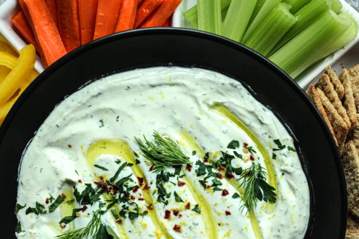 A bowl of ranch cottage cheese dip.