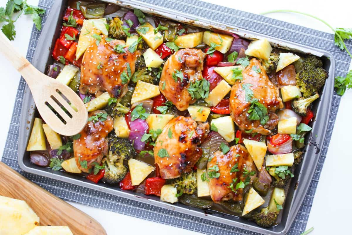 Overhead image of sheet pan Hawaiian chicken.