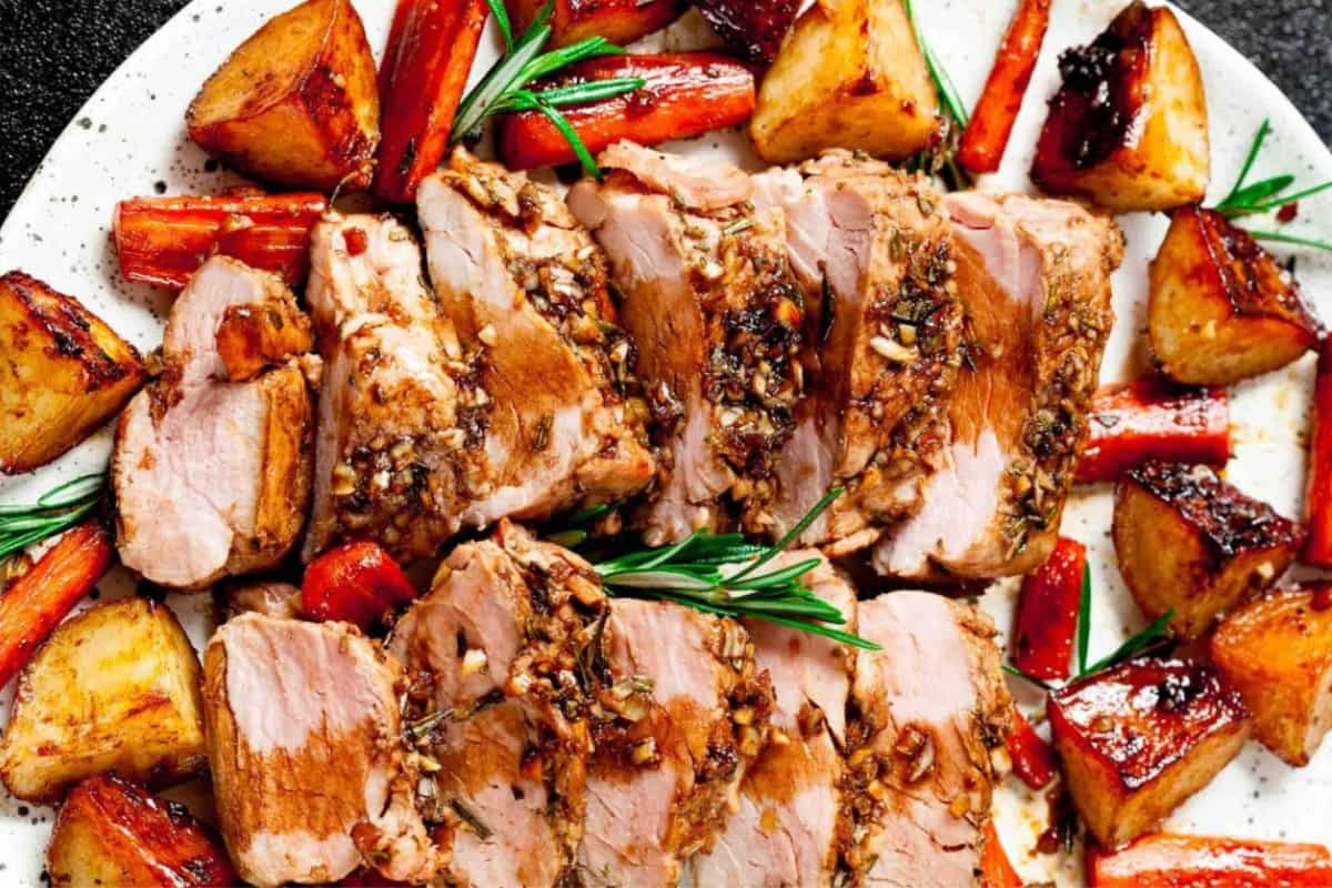 A plate of sheet pan roast pork tenderloin.