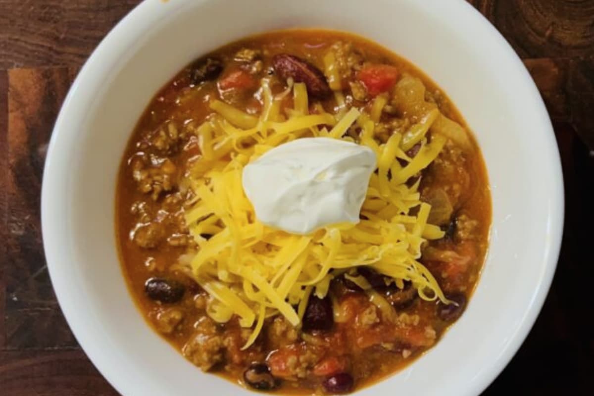 A bowl of slow cooker chili.