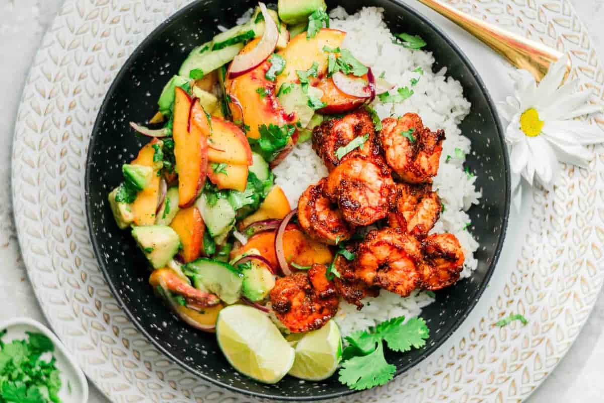 Overhead image of spicy shrimp bowl.