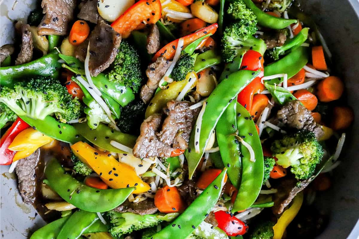 A pan of steak stir fry.