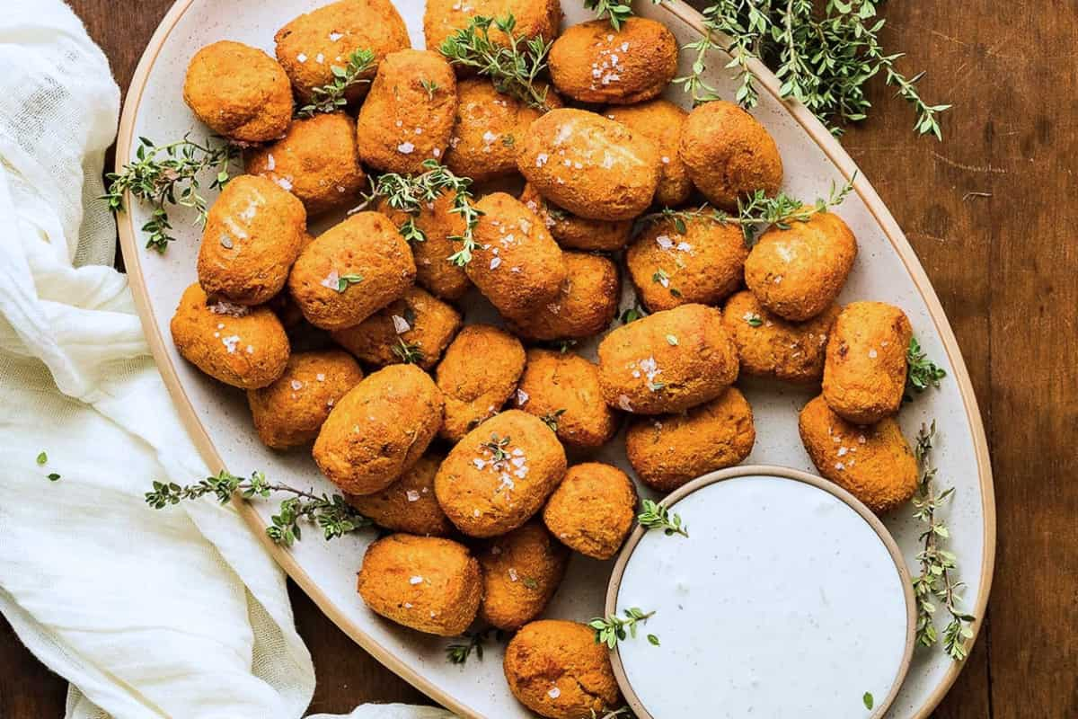 A plate of air fryer sweet potato tater tots