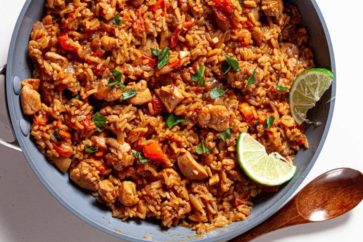 A pan of thai chicken and rice.