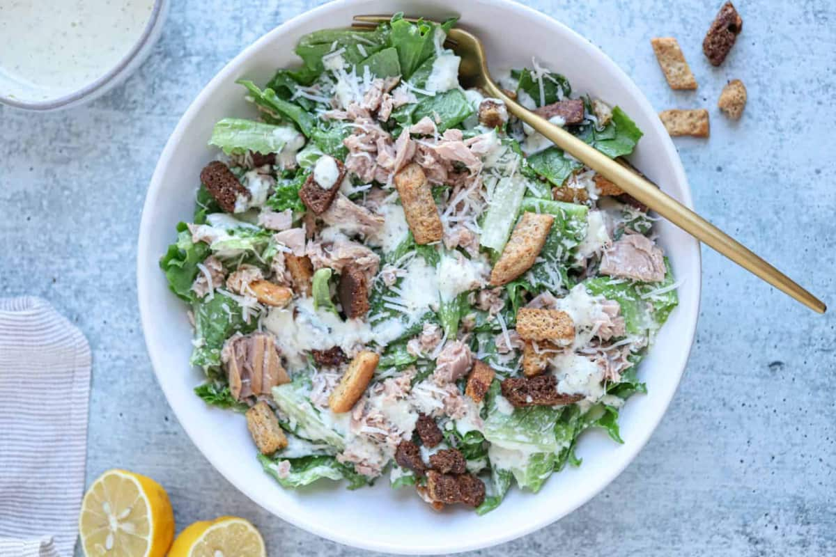 Overhead image of a tuna caesar salad.