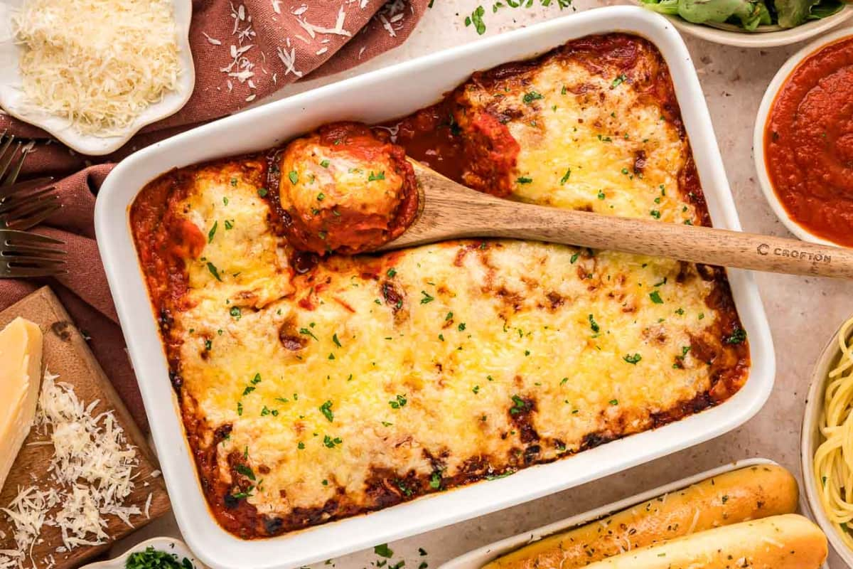 A dish of turkey meatball casserole.