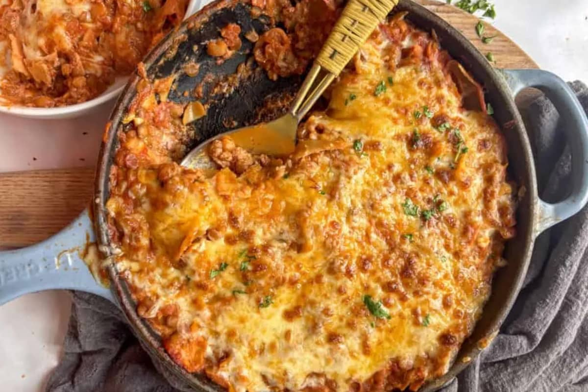 Overhead image of a vegetarian skillet lasagna.