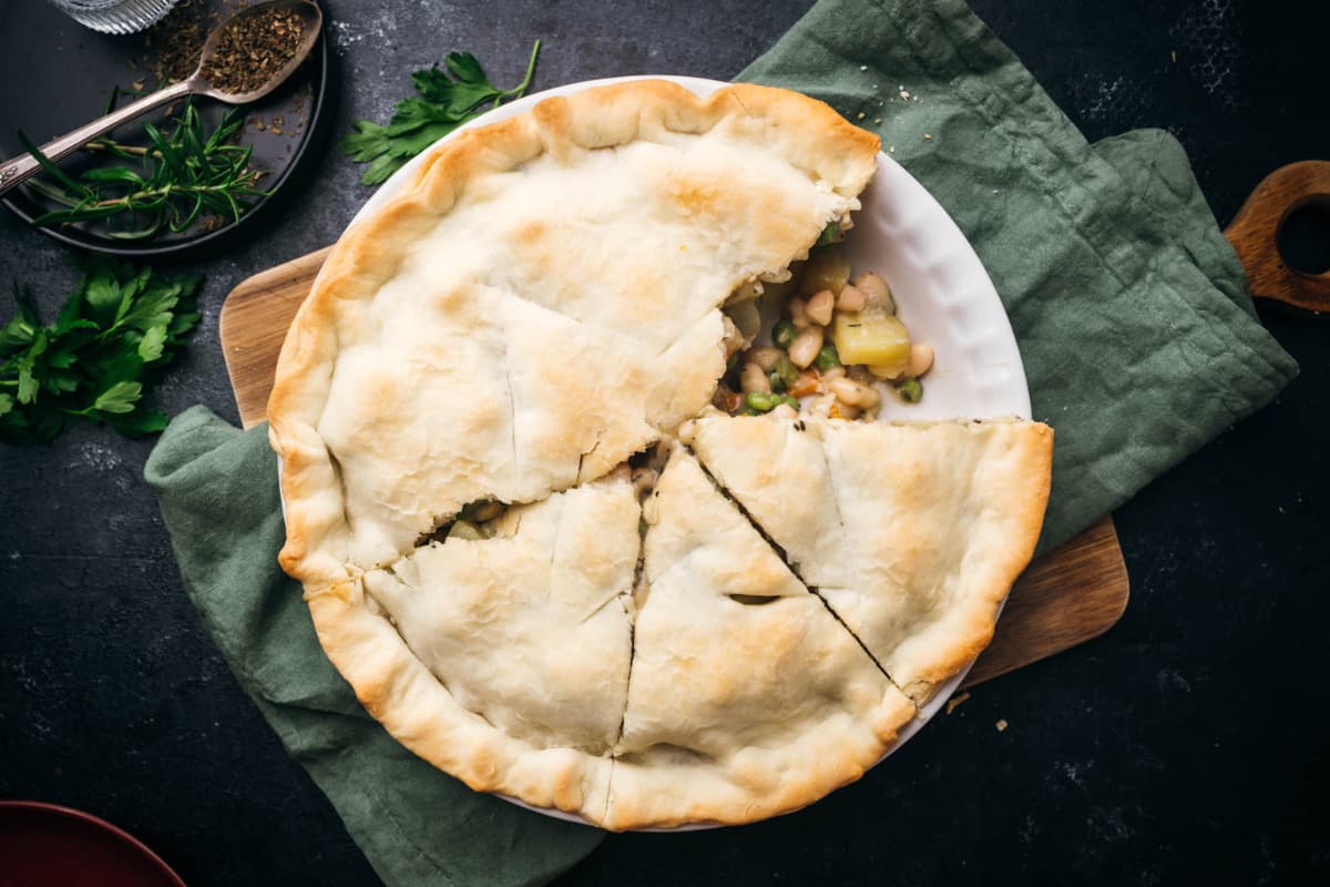 Overhead image of veggie pot pie.