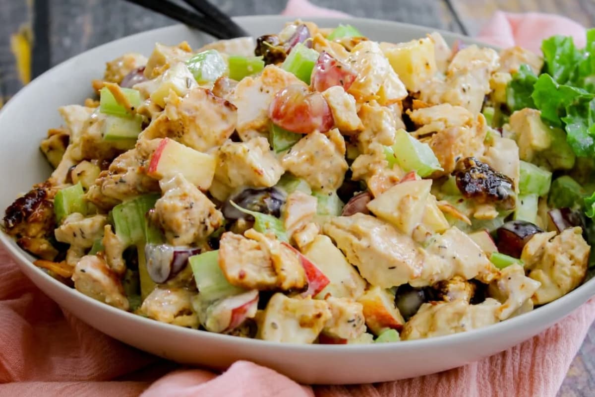 A plate of waldorf chicken salad.