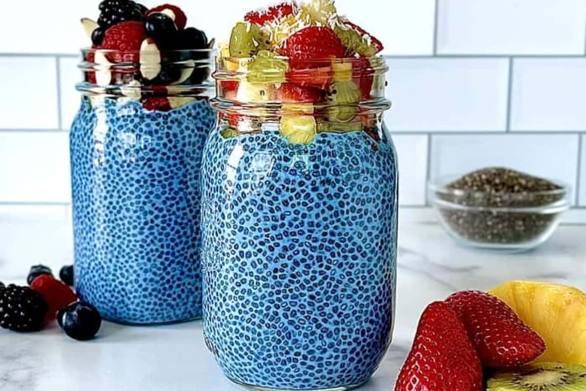 Jars of blue chia pudding.