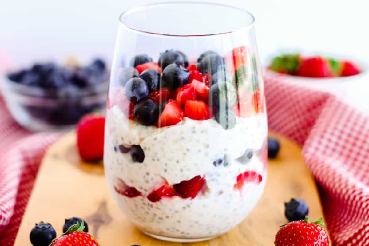 A glass of chia overnight oats.