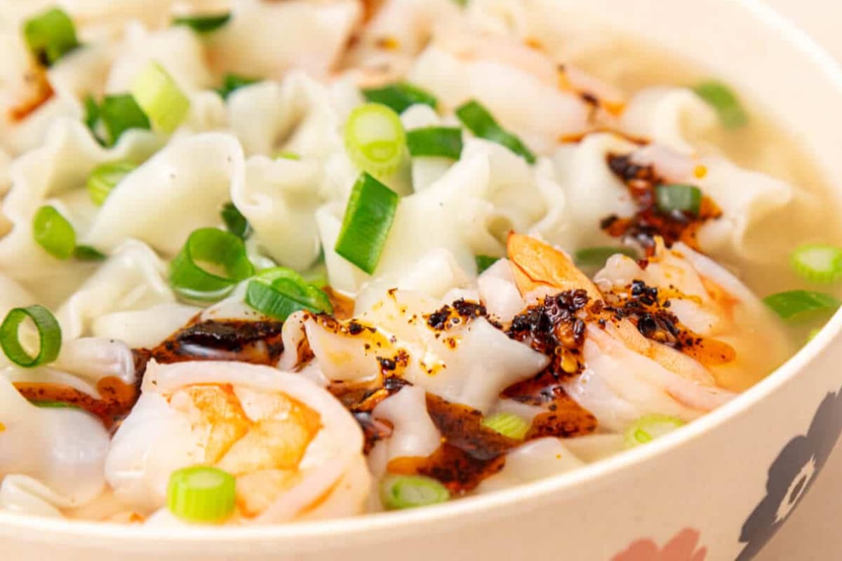 A bowl of Chinese Shrimp Noodle Soup.