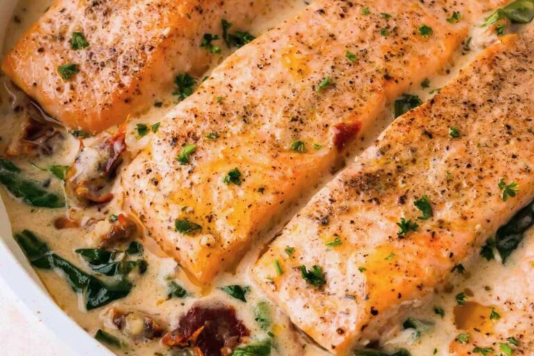 A plate of Tuscan Salmon.