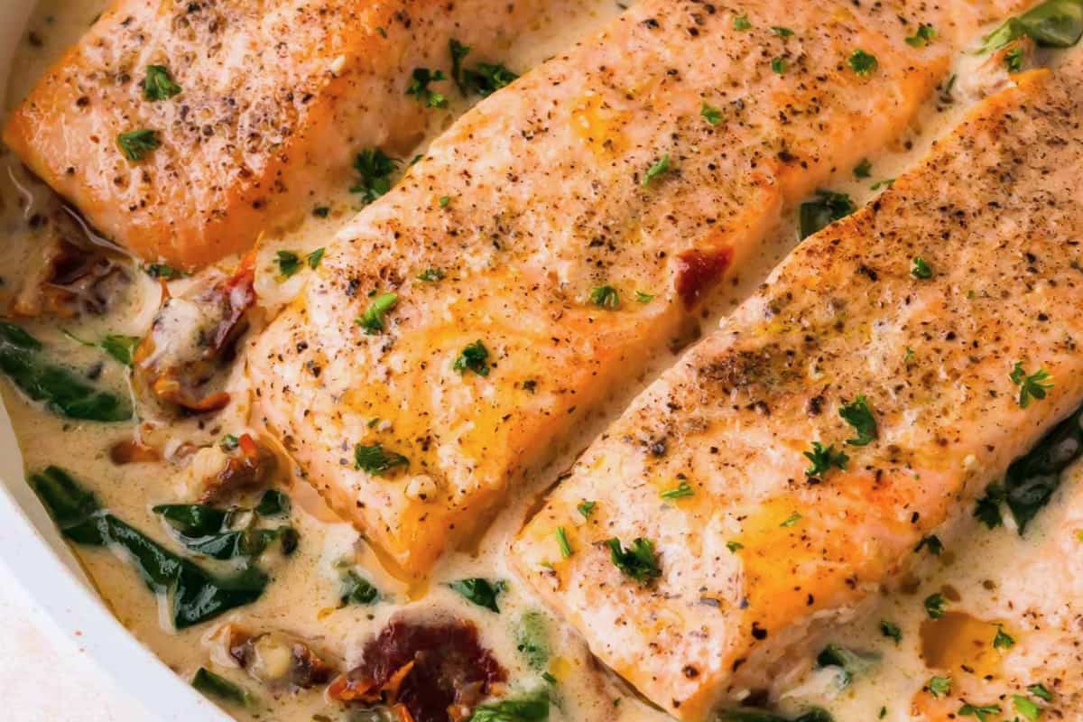 A plate of Tuscan Salmon.