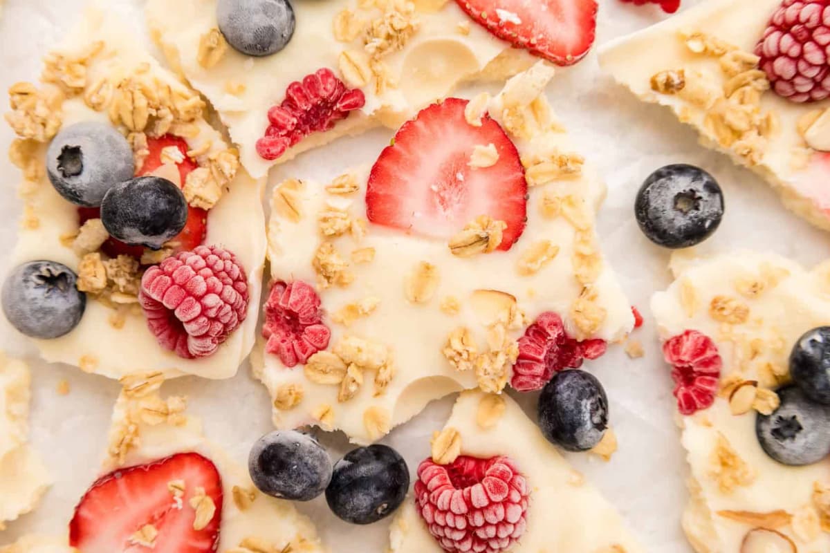 A platter of frozen Greek yogurt bark.