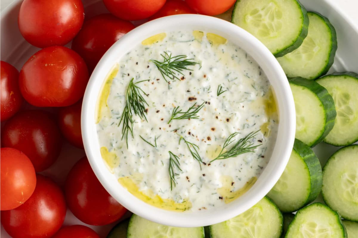 A dish of greek yogurt tzatziki sauce.