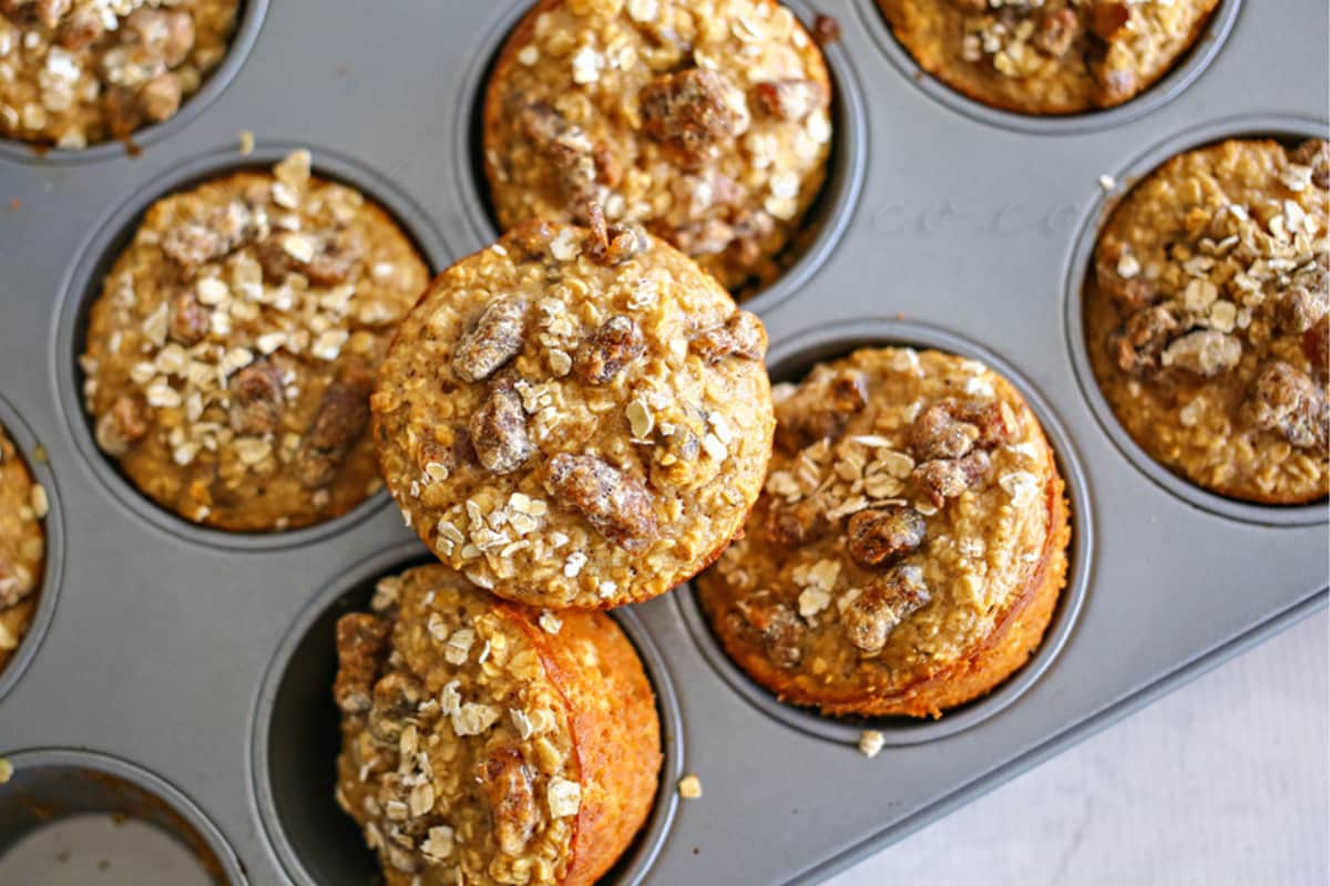 A plate of oatmeal date protein muffins.