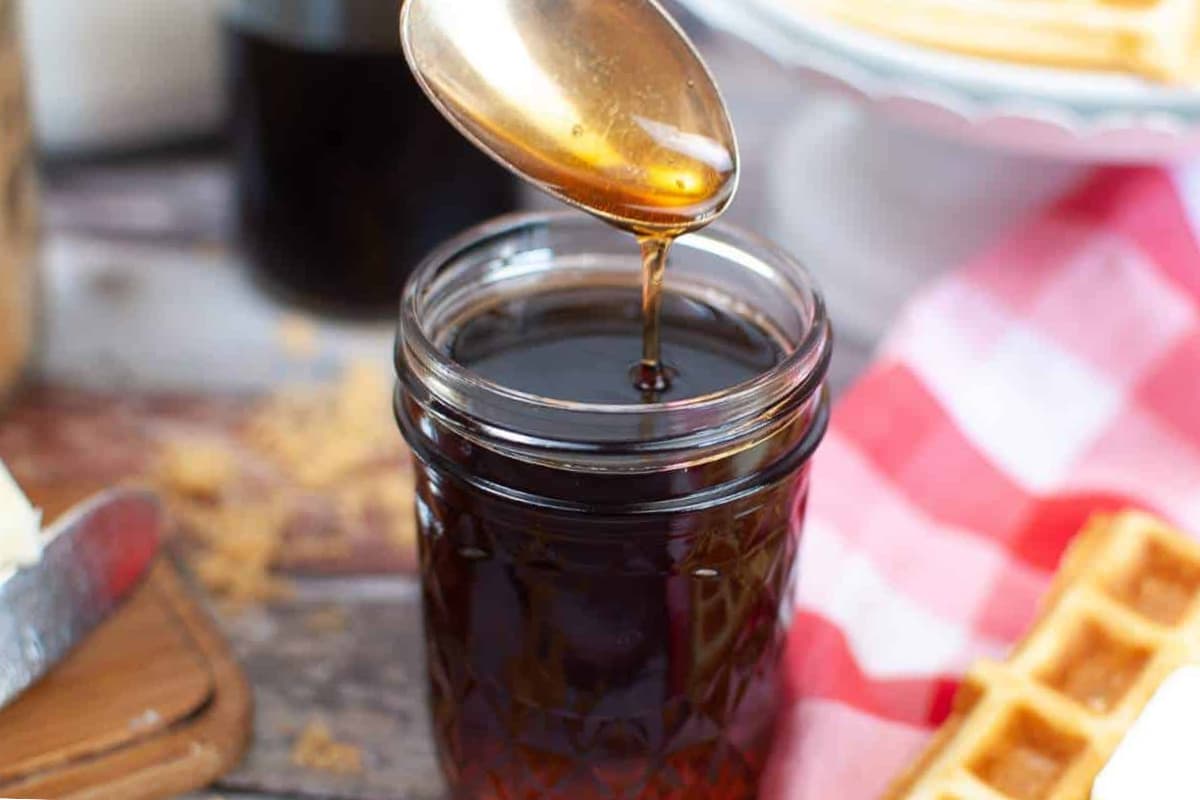 A jar of homemade pancake syrup.