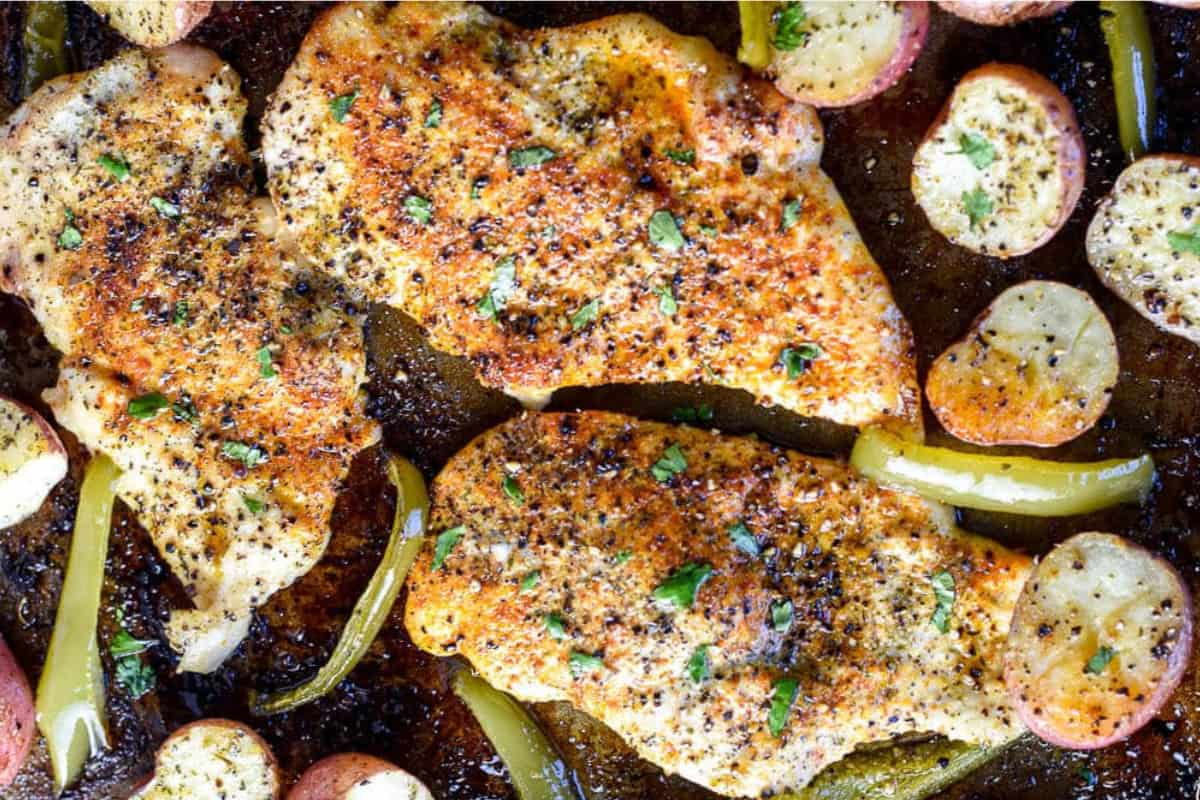 Overhead image of honey balsamic sheet pan chicken.