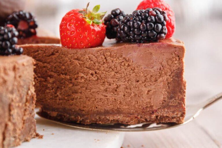 A slice of Keto Chocolate Cheesecake.