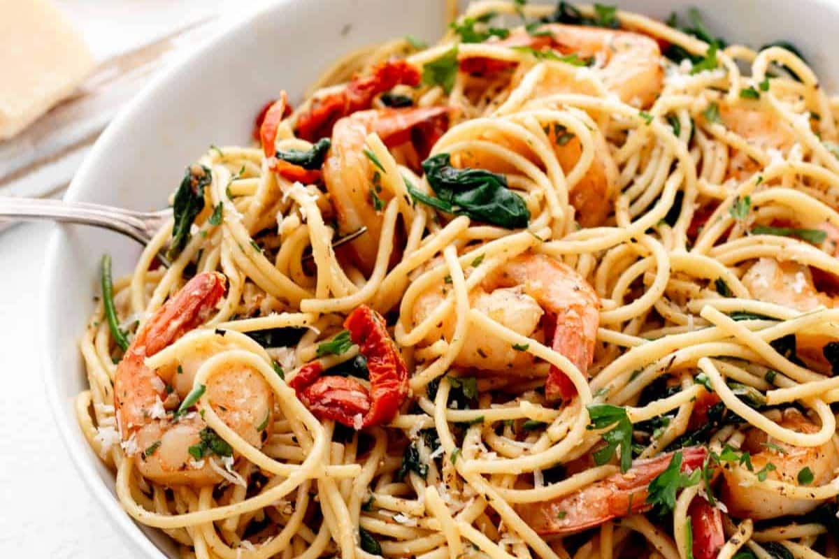 A plate of One-Pot Lemon and Garlic Shrimp Pasta.