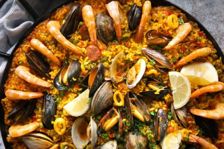 Overhead image of Spanish Paella.