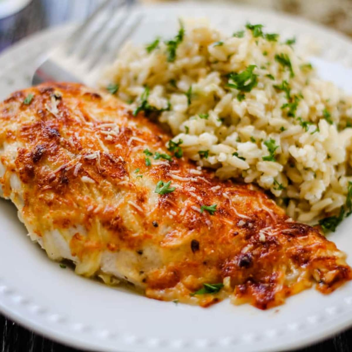 A plate of parmesan crusted chicken.