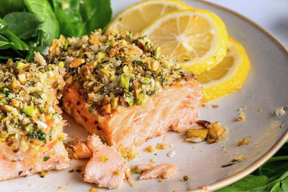 A plate of Pistachio Crusted Salmon.