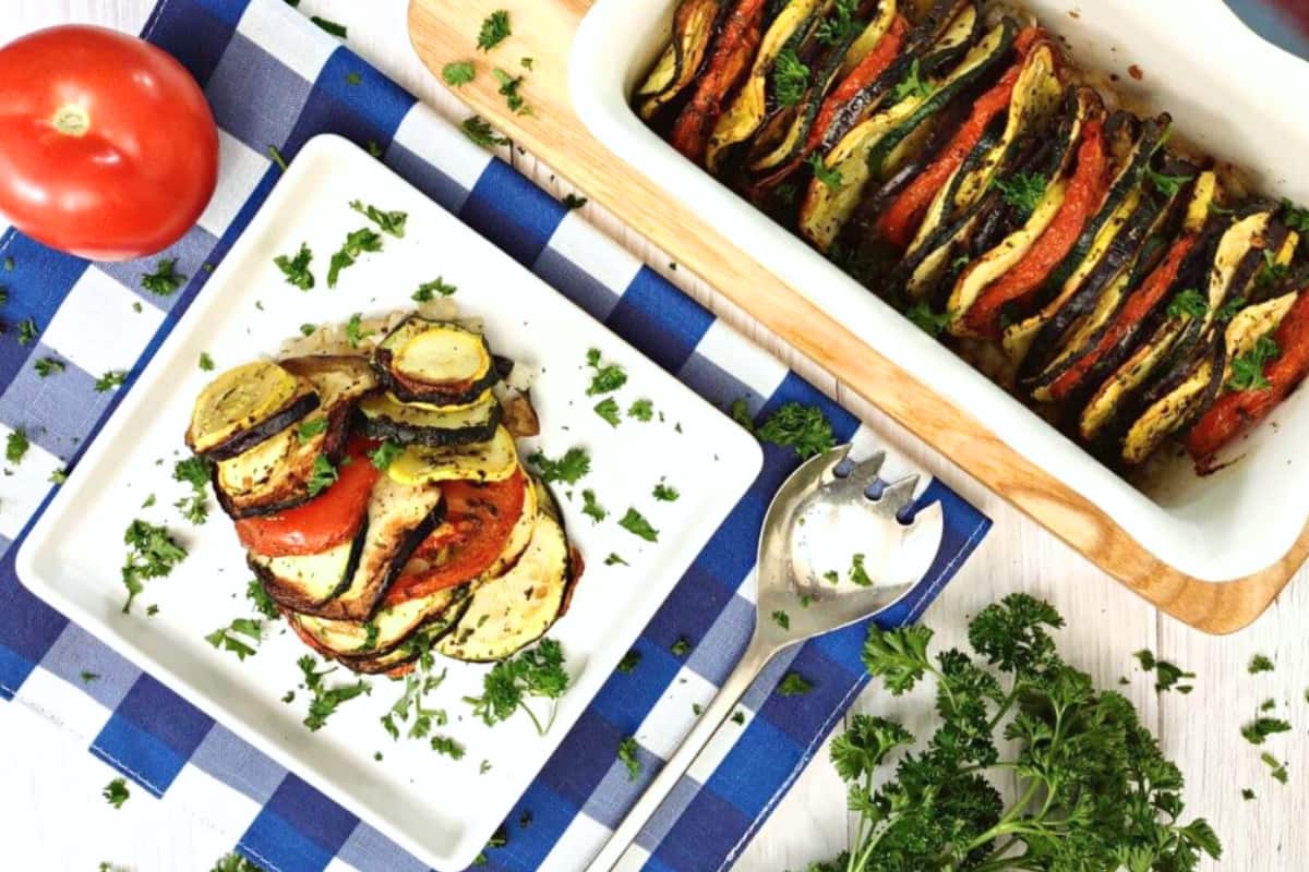 A plate of Air Fryer Ratatouille with Eggplant and Zucchini.