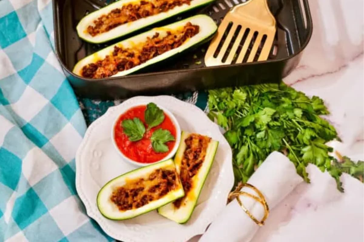 A plate of Air Fryer Taco Zucchini Boats.