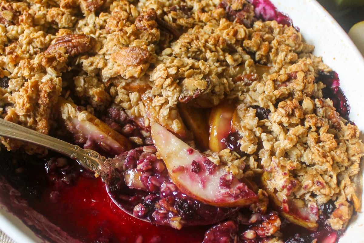 A dish of Pear Blueberry Crisp.