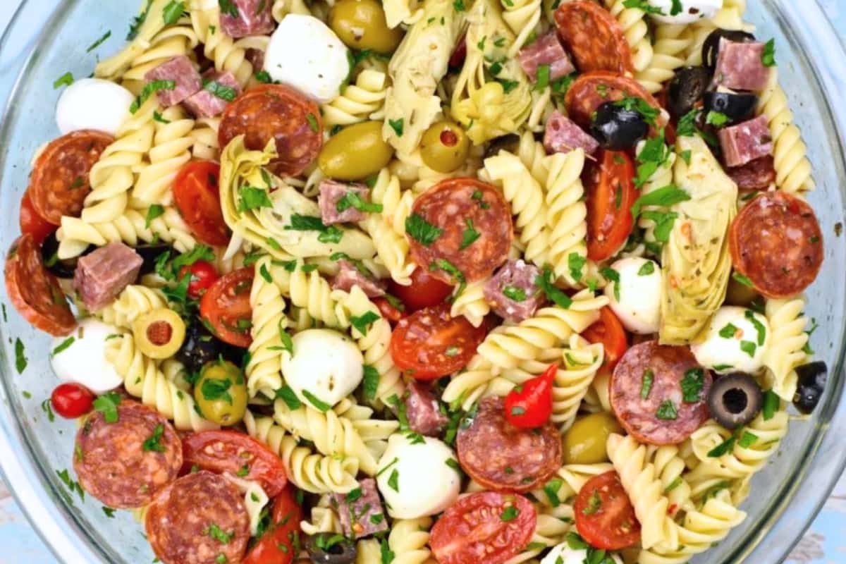 A bowl of antipasto pasta salad.