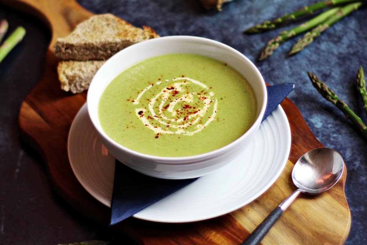 A bowl of Cream of Asparagus and Celery Soup.