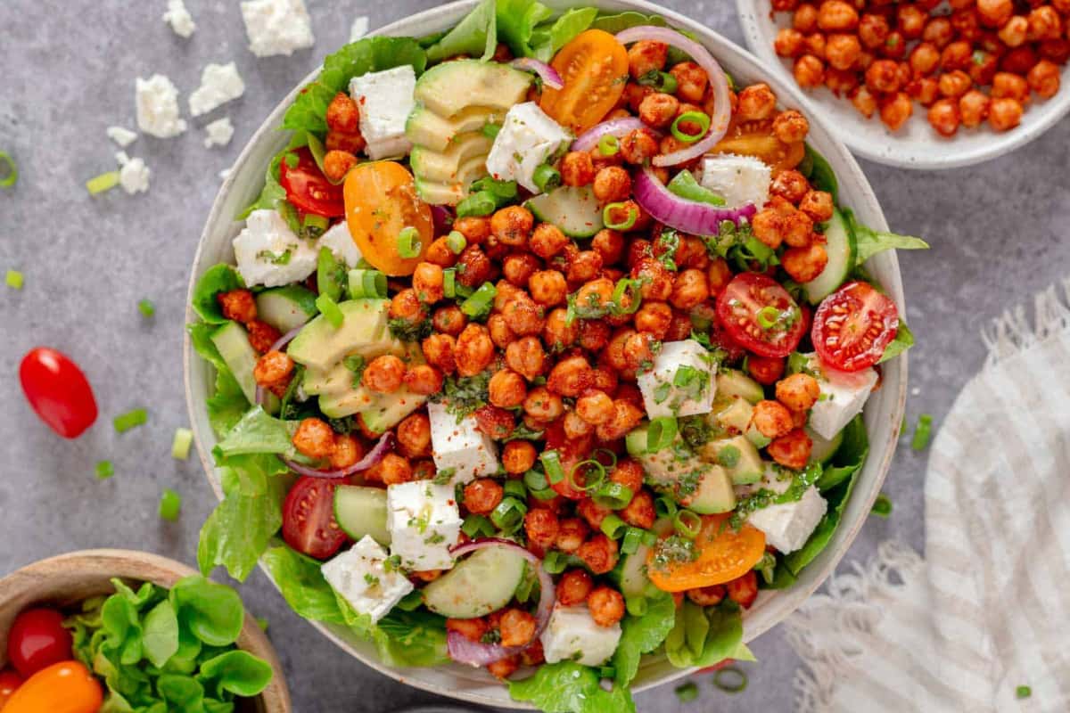 A bowl of Avocado Chickpea Salad With Feta.
