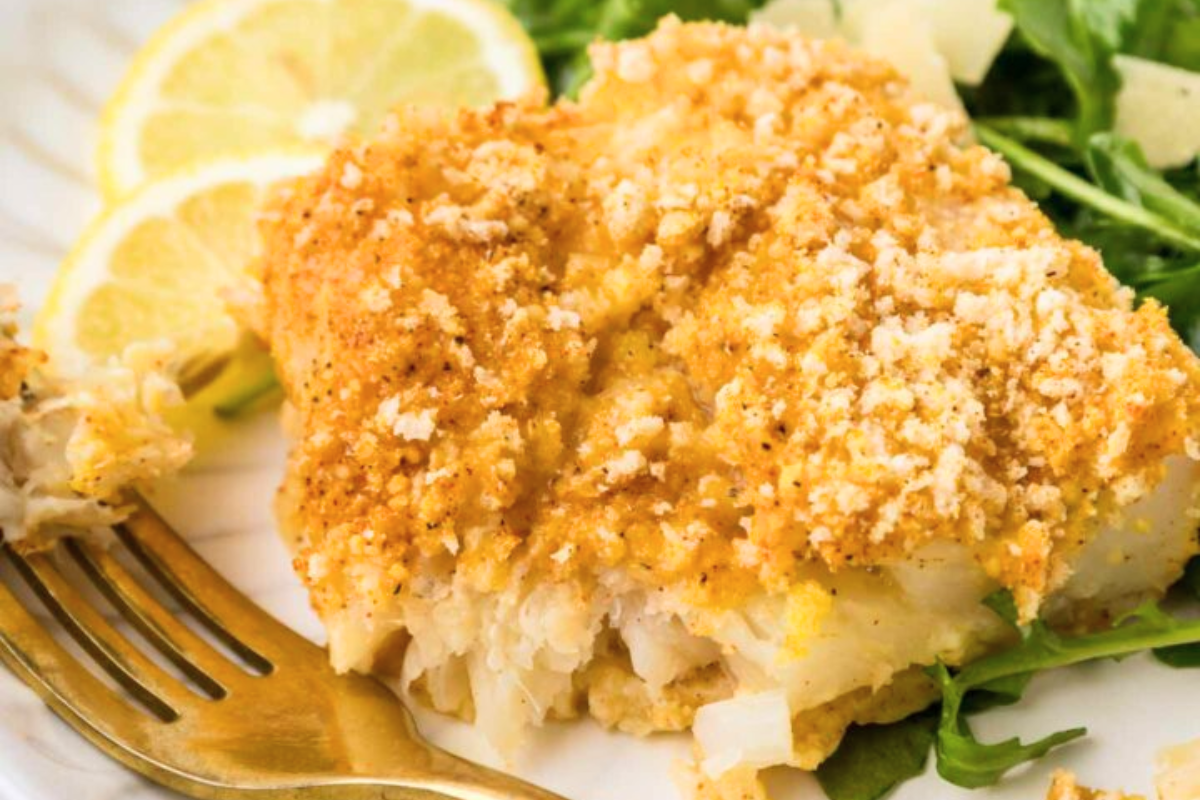 A plate of Baked Parmesan Crusted Cod.