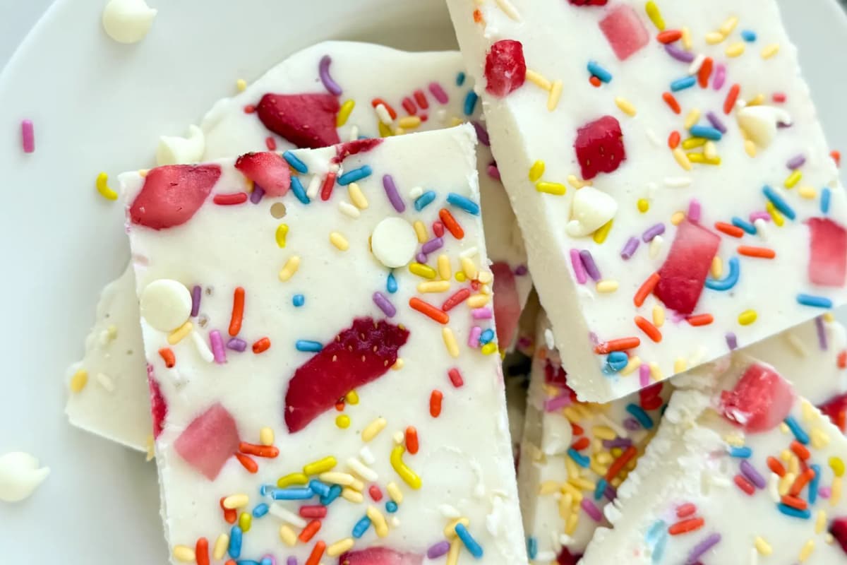 A dish of Birthday Cake Cottage Cheese Bark.