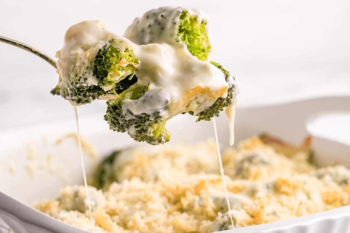 A spoonful of Easy Broccoli Au Gratin.