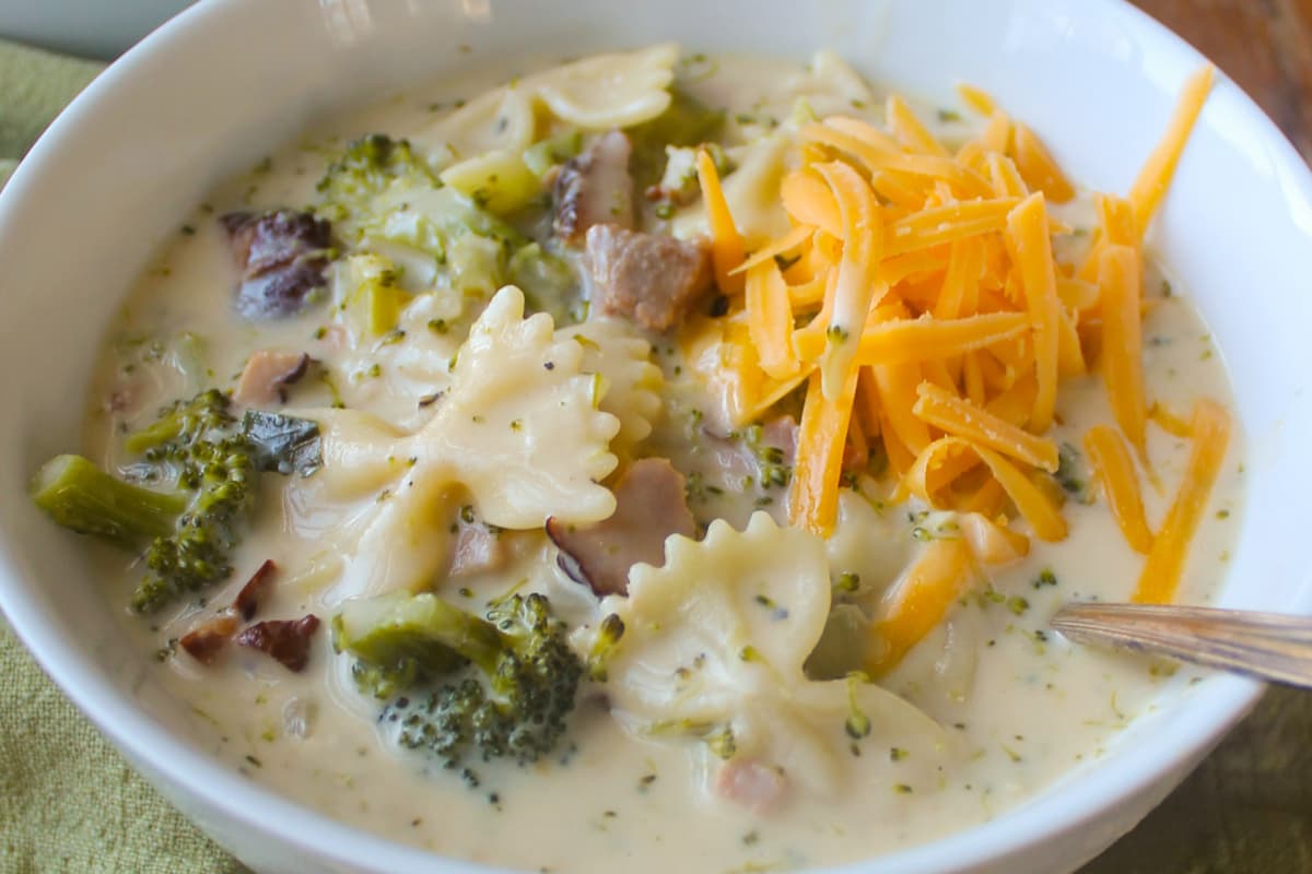 A bowl of Broccoli Cheddar and Ham Soup.