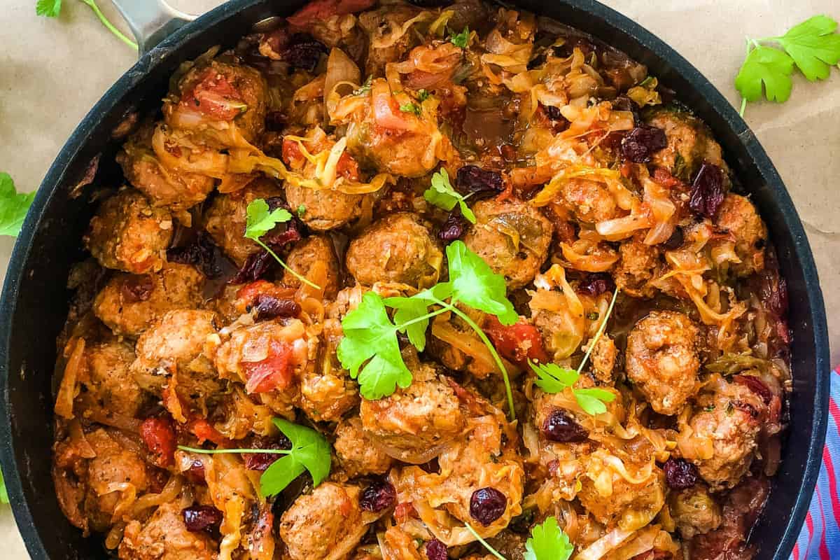 A pan of Baked Cabbage Roll Meatballs.