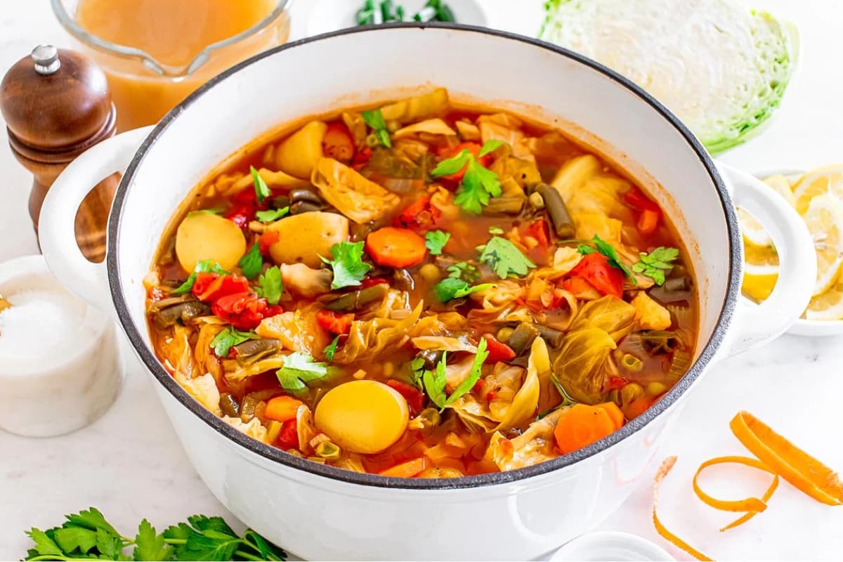 A pot of Cabbage Vegetable Soup.