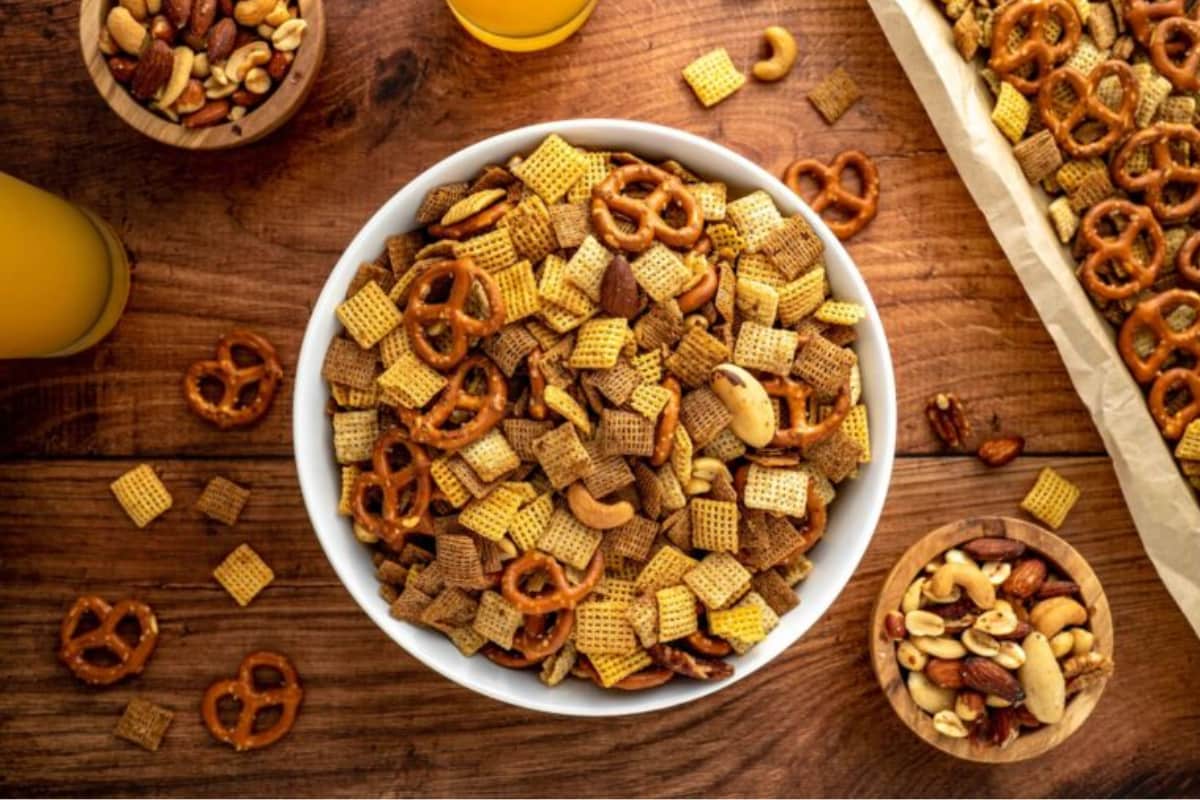 A bowl of Cajun Snack Mix.