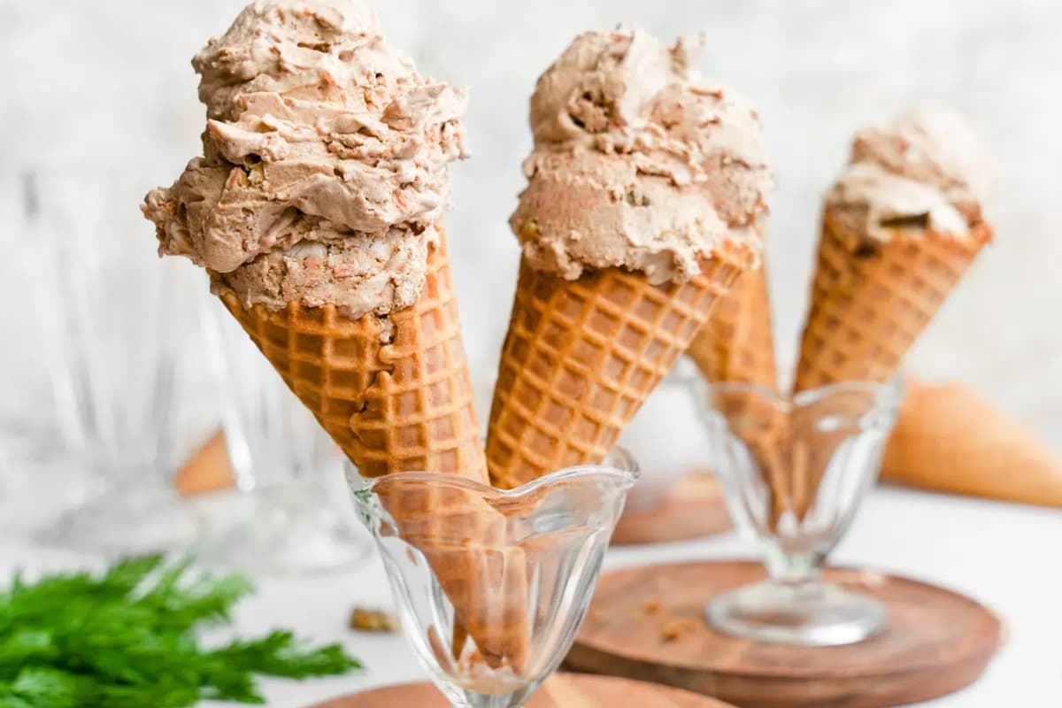 Cones of Carrot Cake Ice Cream.