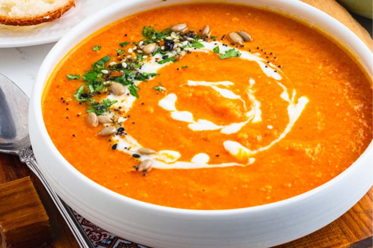 A bowl of Carrot and Lentil Soup.