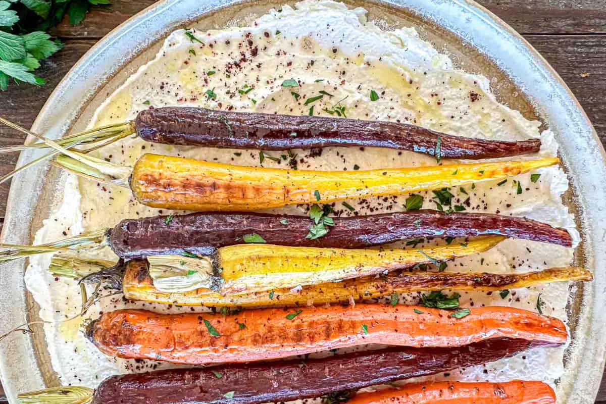 A plate of Roasted Carrots With Whipped Feta.